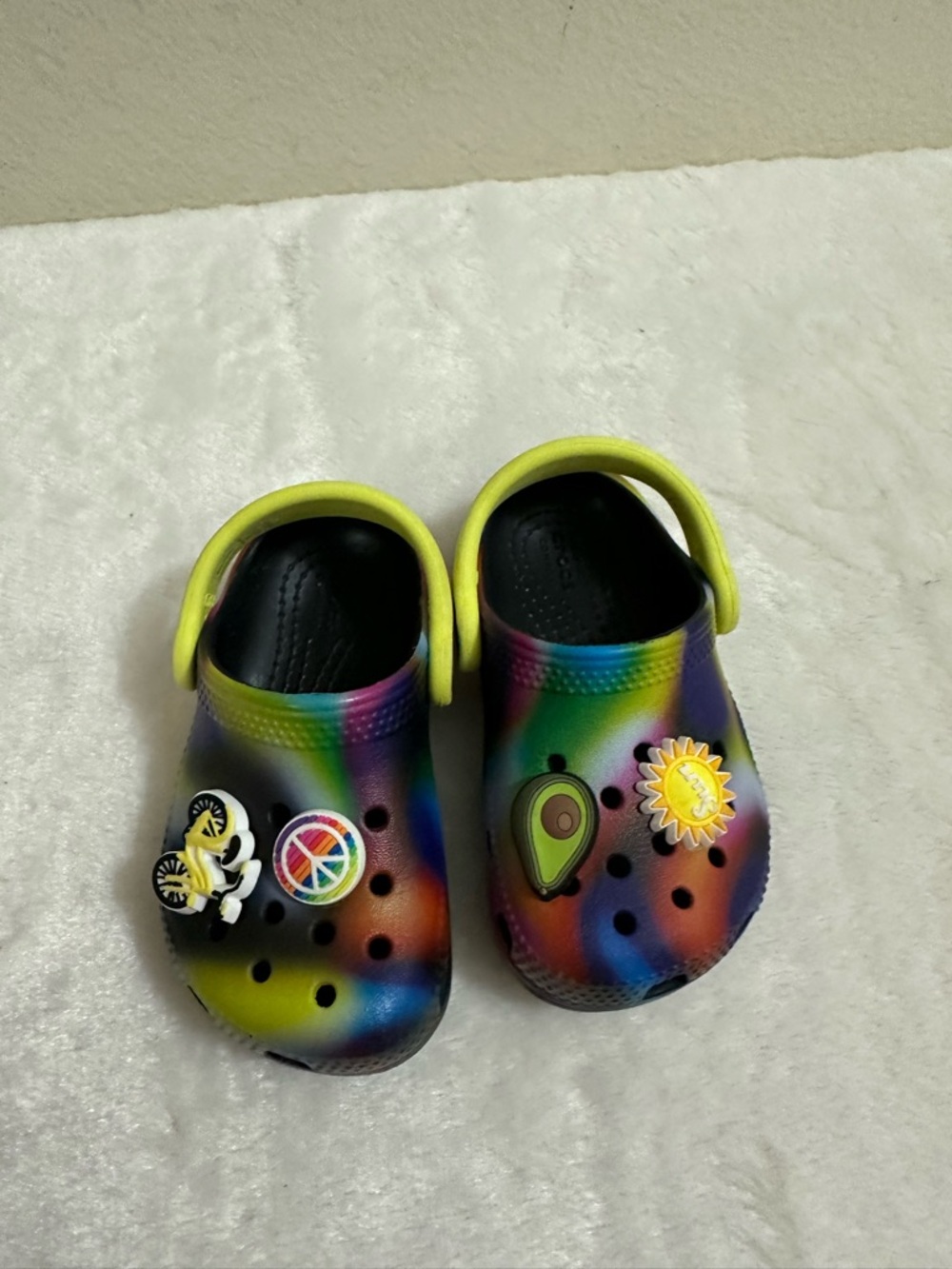 CROCS Kids Tie-Dye Clogs with Yellow Strap and Fun Charms